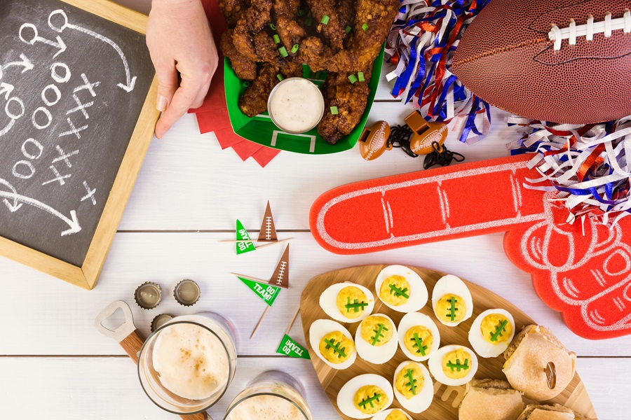 51 Football Game Day Food Ideas Overhead View of a Table of Food for Football Parties