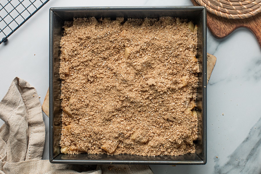 Apple Crisp with Oats Dessert Overhead View of Apple Crips in Baking Pan Fresh from the Oven