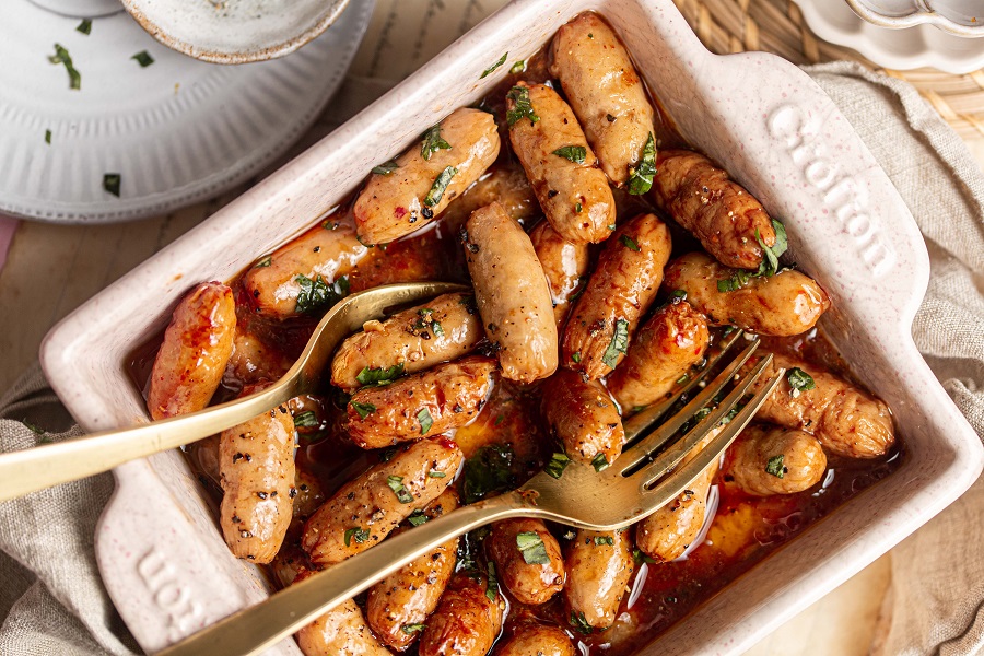 Little Smokies Party Recipe Overhead View of a Square Dish Filled with Little Smokies