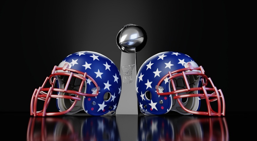 Super Bowl Party Decorations Close Up of Two Football Helmets Next to the Vince Lombardi Trophy