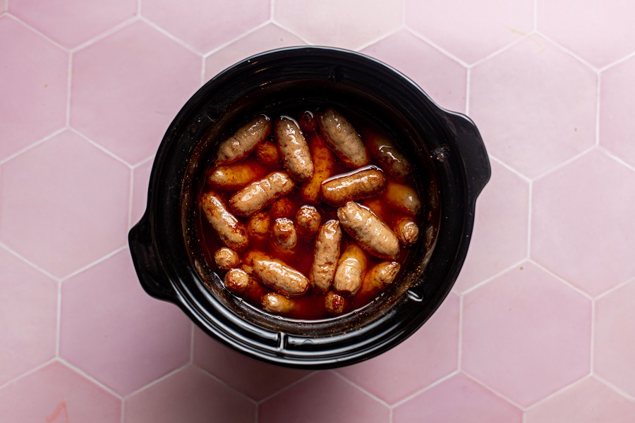 Little Smokies Party Recipe Overhead View of a Crockpot Filled with Finished Little Smokies