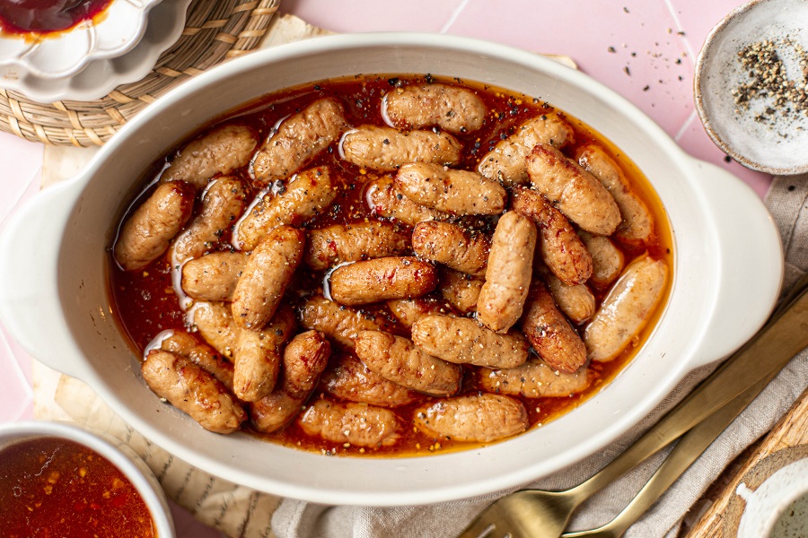 Little Smokies Party Recipe Close Up of an Oval Platter Filled with Little Smokies