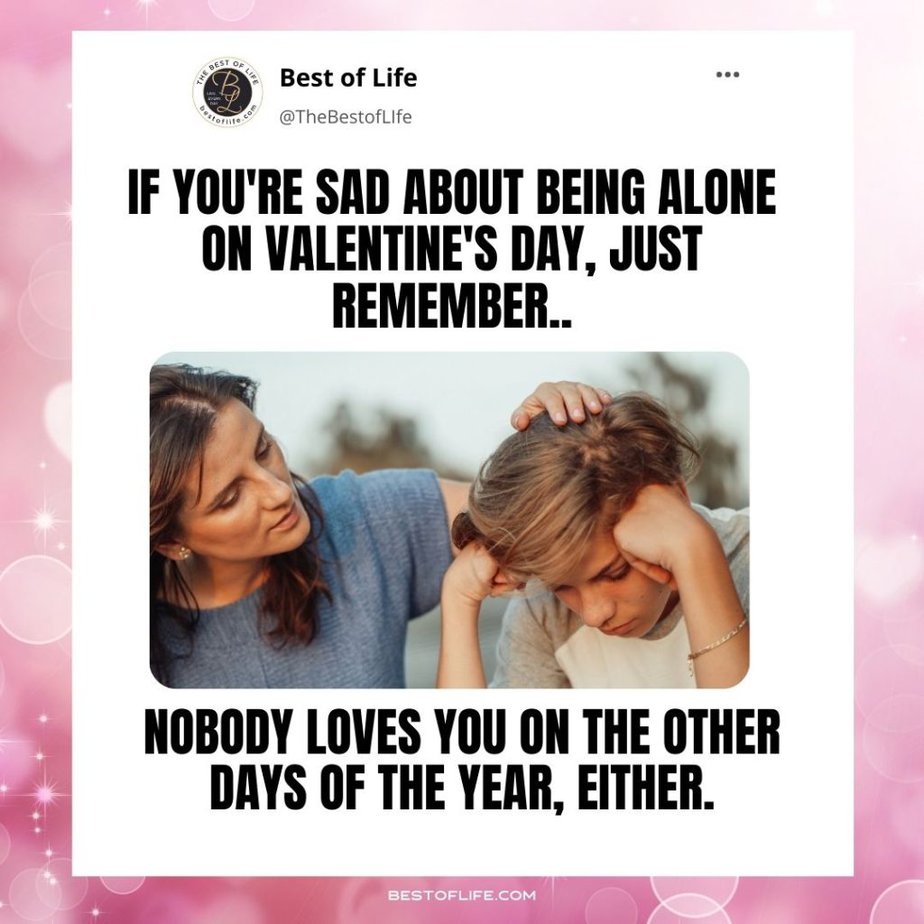 Valentines Memes for Singles If you’re sad about being alone on Valentine’s Day, just remember…nobody loves you on the other days of the year, either.