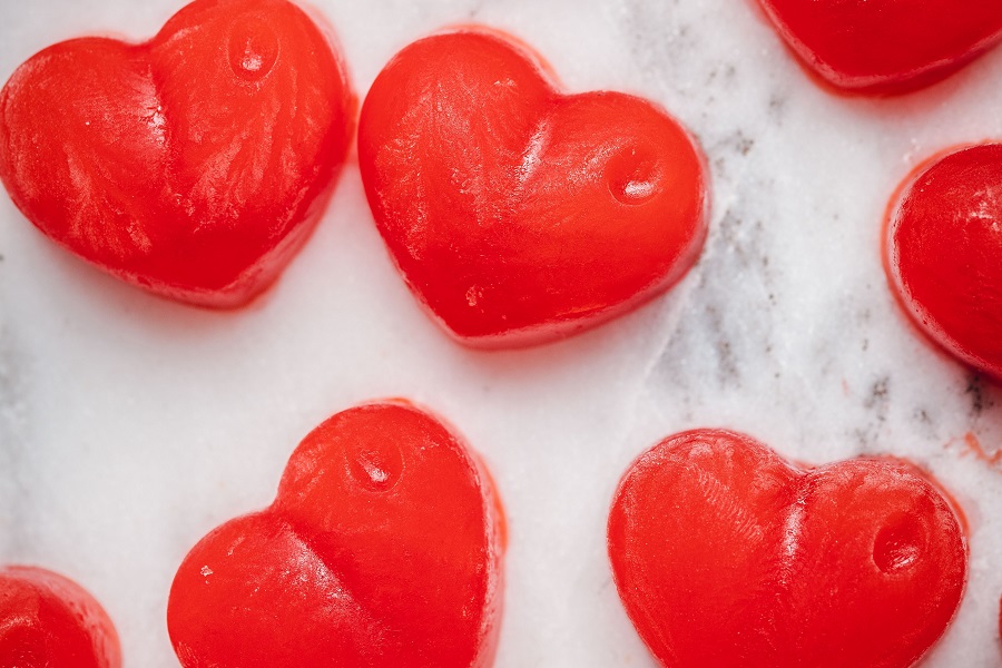 Valentine's Day Jello Shots Close Up of Jello Shots on a White Granite Surface