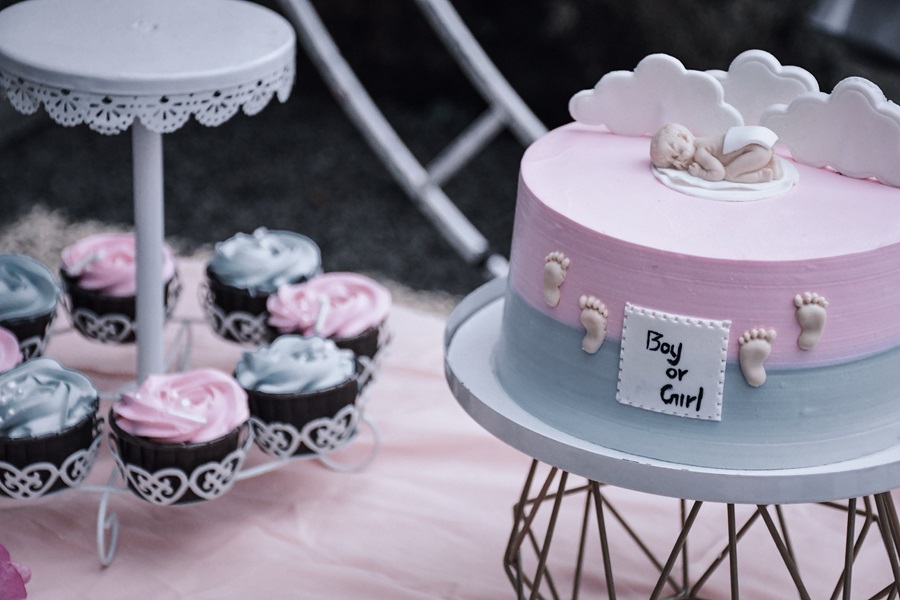 Gender Reveal Ideas for Spring Close Up of a Cake with Pink Icing on Top and Blue Icing on the Bottom
