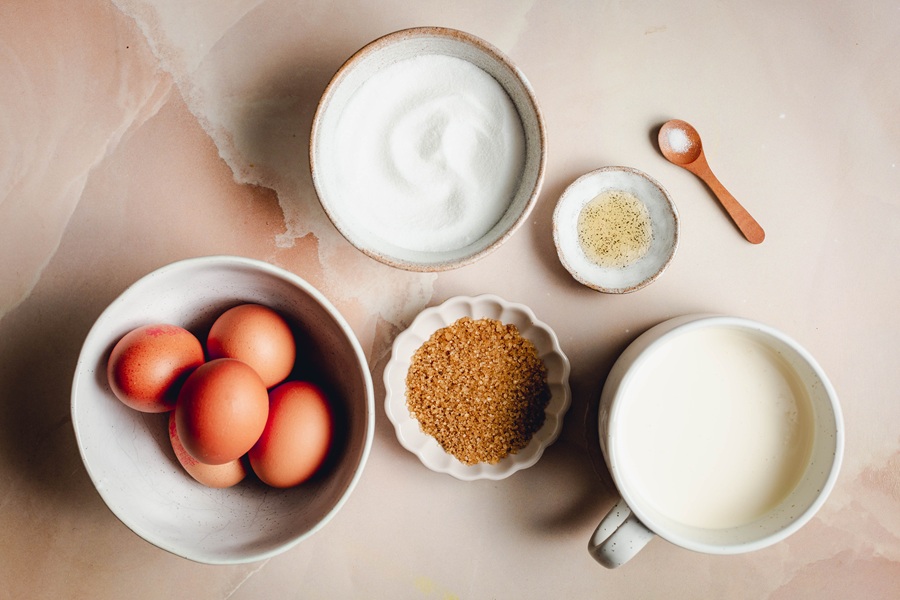 Recipe for Easy Creme Brulee Overhead View of Ingredients Separated and Laid Out on a Counter