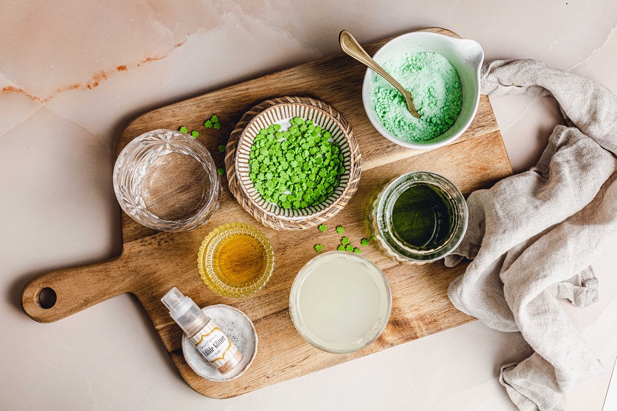 St. Patrick's Day Jello Shot Recipe Overhead View of Ingredients Separated on a Cuttingboard