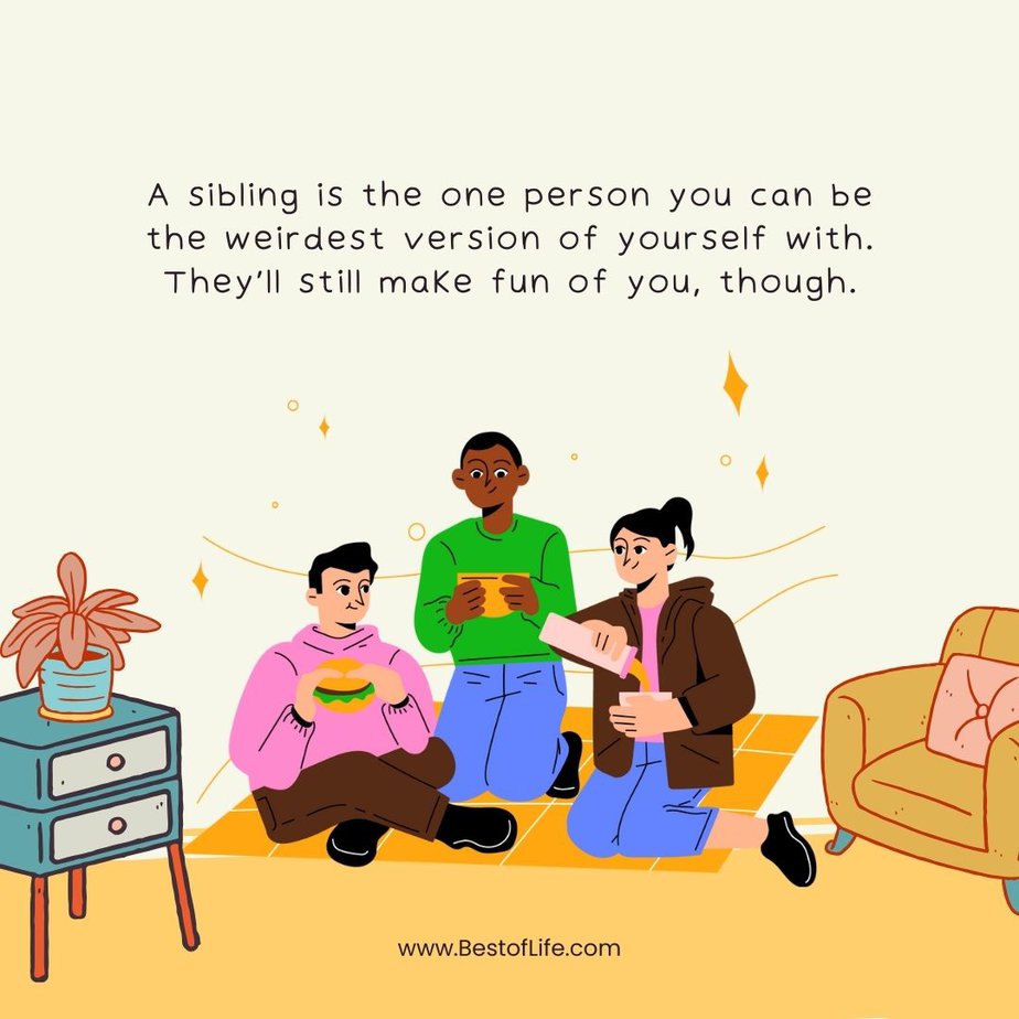 Funny Sibling Quotes A sibling is the one person you can be the weirdest version of yourself with. They’ll still make fun of you, though.