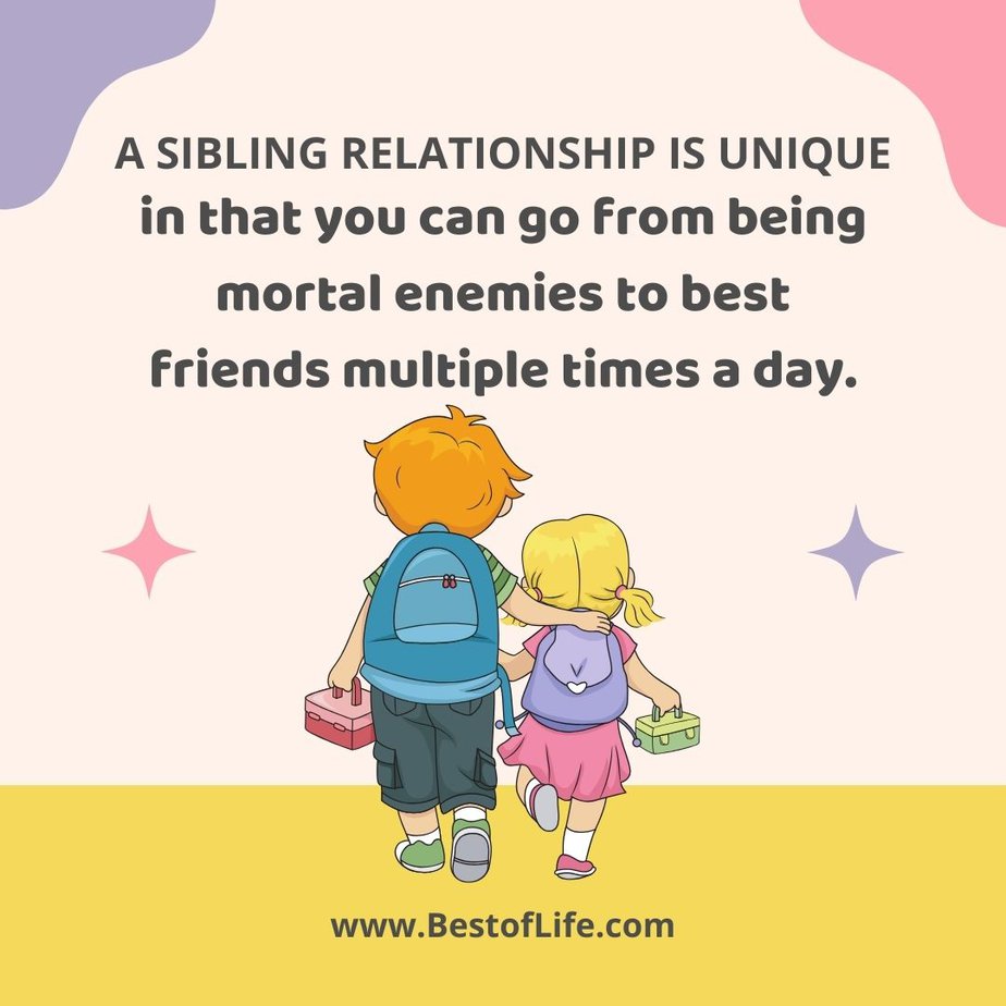 Funny Sibling Quotes A sibling relationship is unique in that you can go from being mortal enemies to best friends multiple times a day.