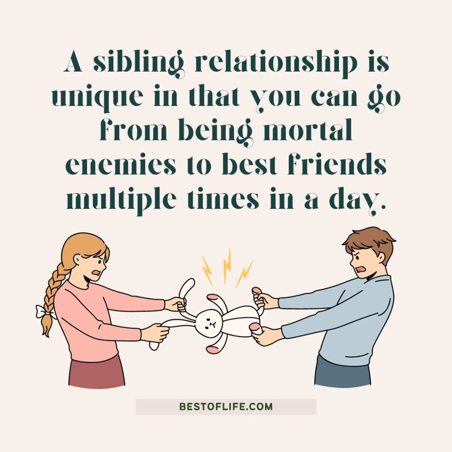 Short Funny Sibling Quotes A sibling relationship is unique in that you can go from being mortal enemies to best friends multiple times a day.