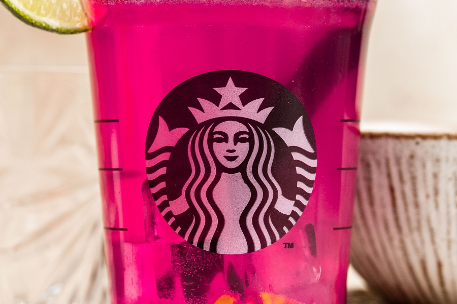 Starbucks Mango Dragon Fruit Refresher Copycat Recipe Close Up of a Starbucks Cup Filled with Refresher