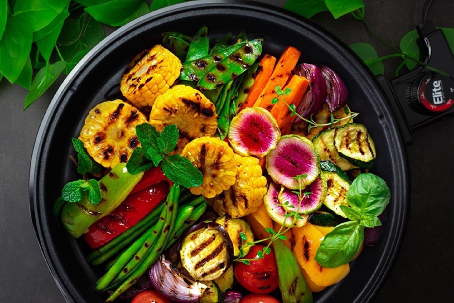 Fathers Day Gift Ideas Overhead View of an Indoor Grill with Veggies On Top