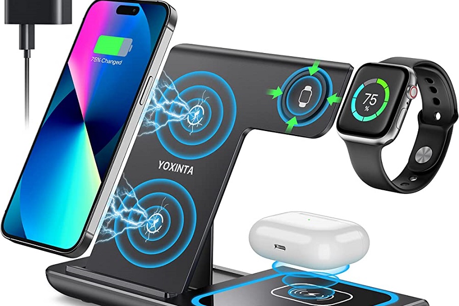 Fathers Day Gift Ideas Close Up of a Wireless Charging Station with a Smart Phone, Watch, and Earbuds