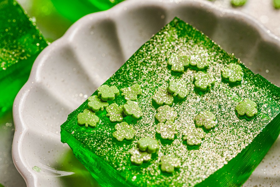 Large Batch Cocktails Close Up of a Green Jello Shot