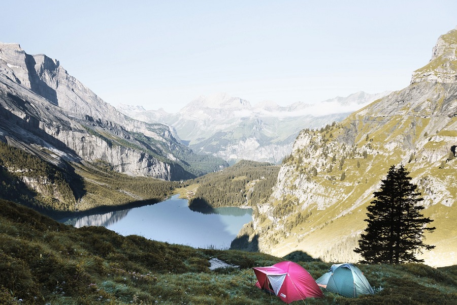 Campfire Food Ideas View of a Canyon and a Lake with Two Tents on a Hill