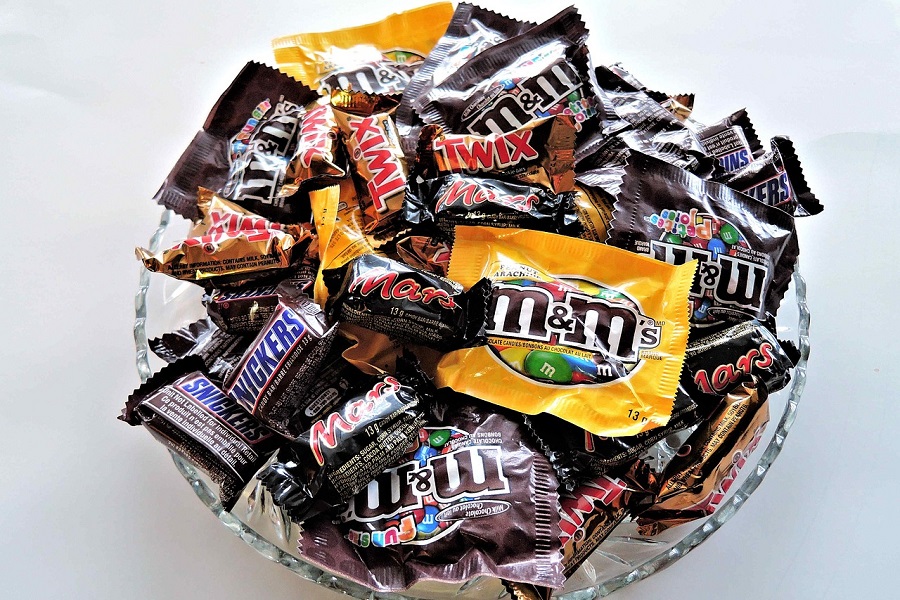 Halloween Candy Memes Overhead View of a Bowl of Halloween Candy Including M&Ms, Snickers, Twix, and Peanut M&Ms