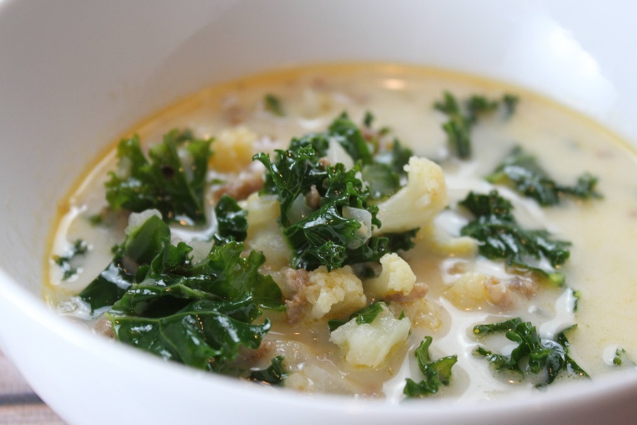 Creamy Kale Soup Recipe Close Up of a White Bowl of Kale Soup