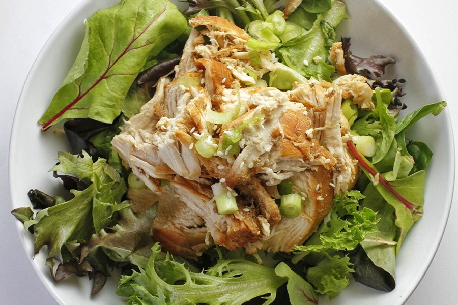 Healthy Teriyaki Chicken Recipe Close Up of Teriyaki Chicken on a Salad in a Bowl