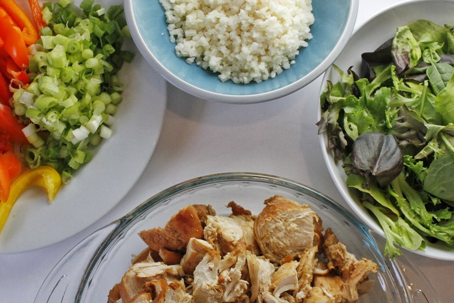 Healthy Teriyaki Chicken Recipe Overhead View of Ingredients in Separate Bowls on a White Counter