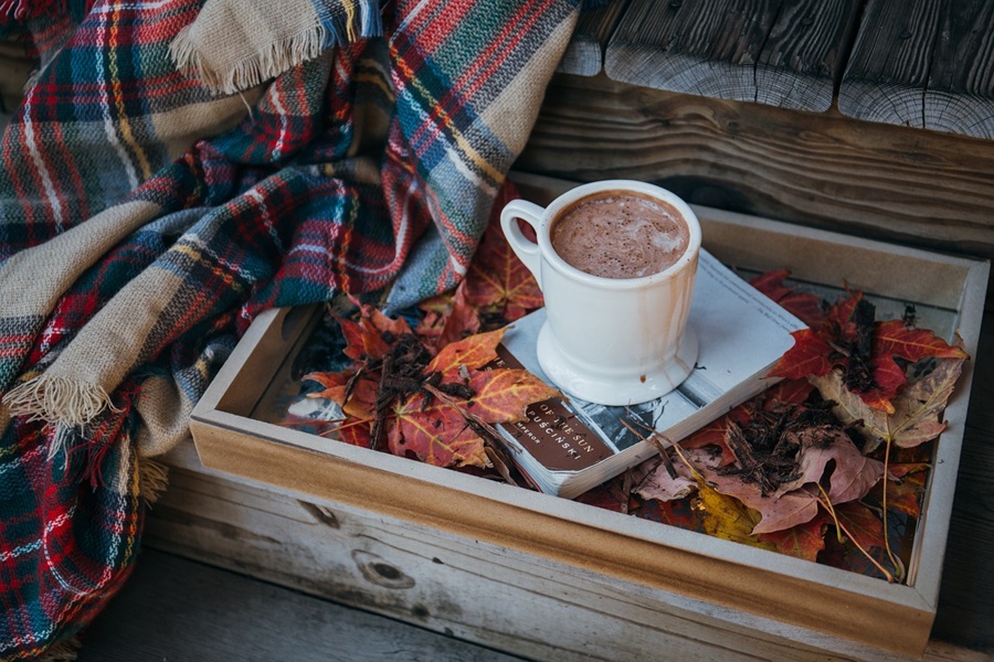 Best Coffee Wine Bar Ideas a Cup of Coffee on a Serving Tray with Fall Leaves and a Book Underneath