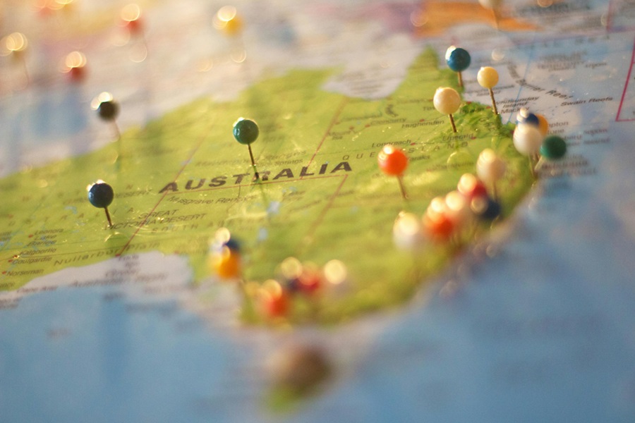 Crocodile Dundee Movies List Australia on a Map with Pins Poked in Different Locations