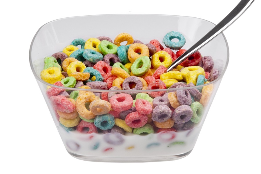 Fruit Loop Vodka Drinks a Glass Square Bowl of Fruit Loops with a Spoon