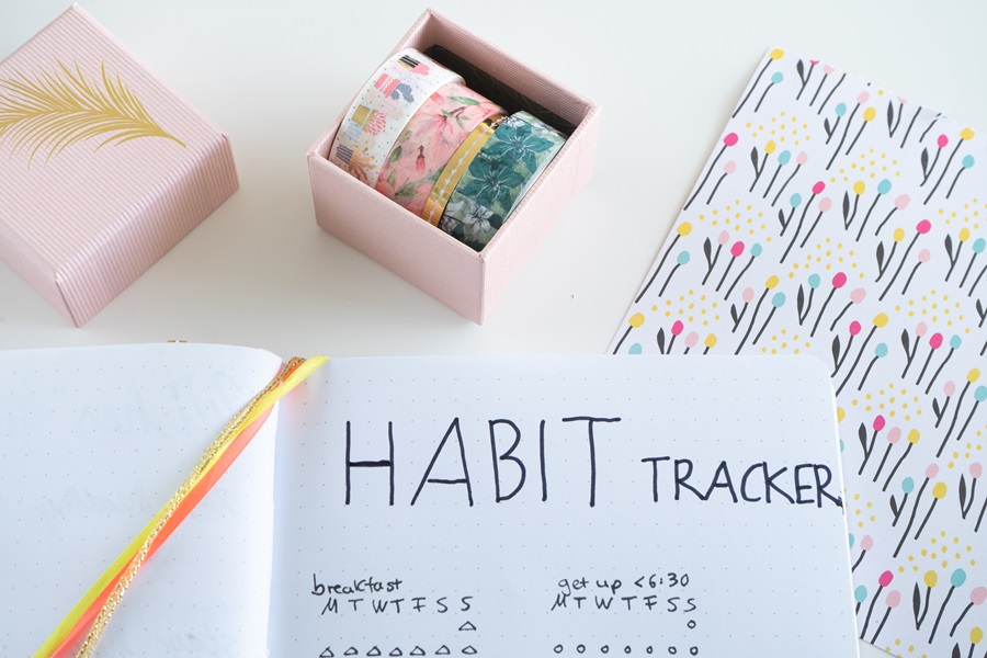 Habit Tracker Printable Bullet Journal Tips and Ideas Close Up of a Habit Tracker in a Bullet Journal with Washi Tape Nearby