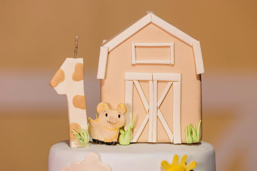 1st Birthday Party Ideas for Boys Close Up of a Farm Animal Themed Cake Topper on a Cake