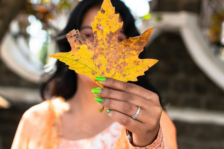 Fall Nails for the Autumn Season Close Up of a Leaf Being Held by a Woman with Lime Green Nails