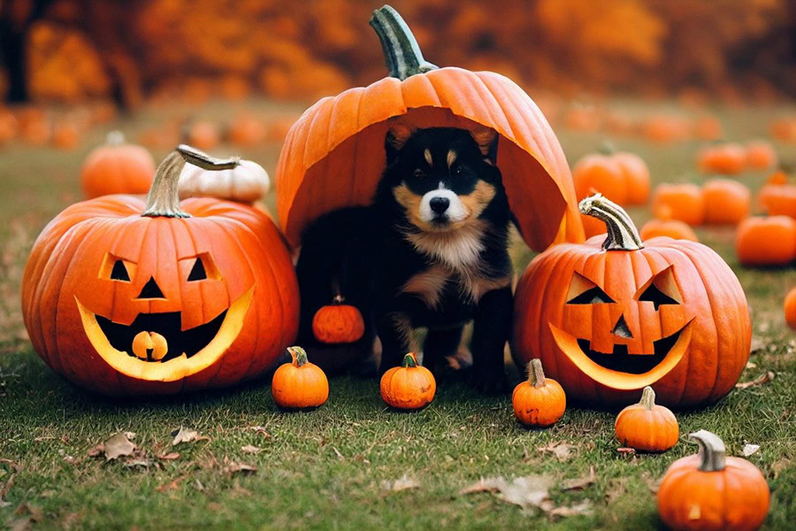 Cut Out Printable Halloween Crafts a Puppy Under a Pumpkin Toy Next to Two Small Jack O Lanterns