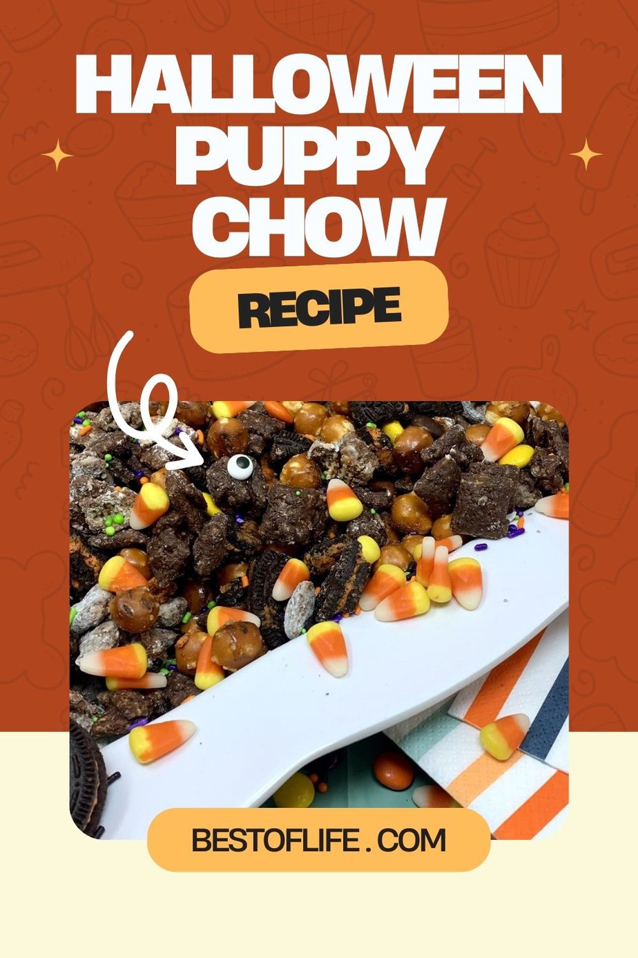 Make this Halloween puppy chow recipe for a fun and festive Halloween party recipe that both kids and adults will enjoy! Halloween Party Recipes | Halloween Snack Recipes | Recipes to Make with Kids | Snack Recipes for Fall | Fall Treat Recipes | Halloween Puppy Chow Chex Mix Recipe | Check Mix Snack Ideas | Halloween Party Ideas | Halloween Recipes for Kids | Fun Recipes for Halloween via @thebestoflife