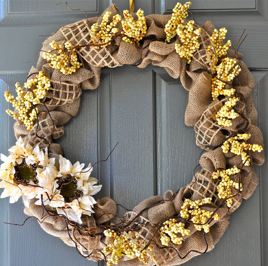 How to Make a Burlap Wreath for Fall a Burlap Wreath Hanging on a Front Door