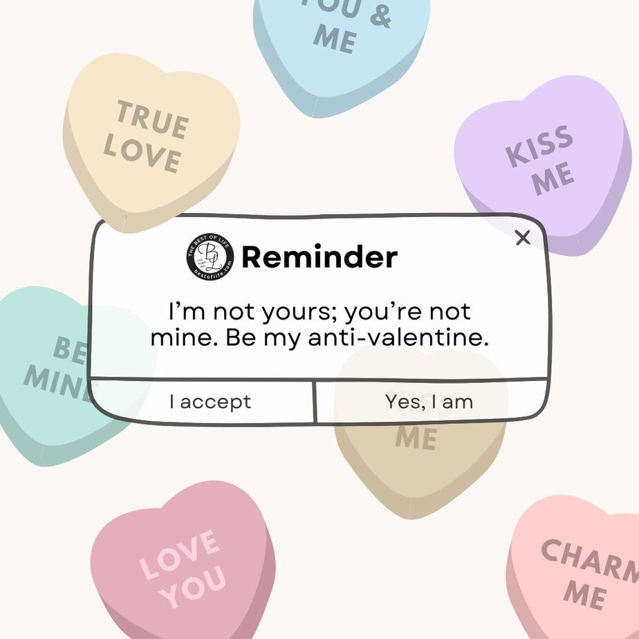 Sarcastic Valentines Day Quotes I’m not yours; you're not mine. Be my anti-valentine.