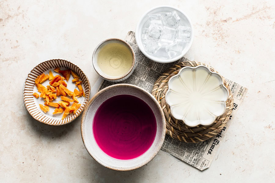 Starbucks Mango Dragon Fruit Refresher  Recipe Overhead View of the Ingredients Separated and Ready to Use