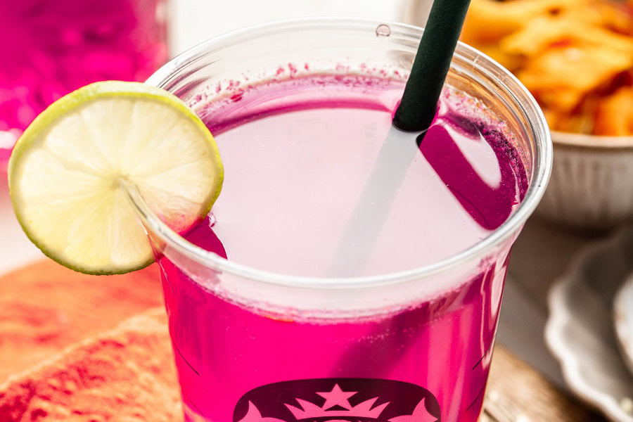 Starbucks Mango Dragon Fruit Refresher Recipe Close Up of the Top of a Refresher Drink