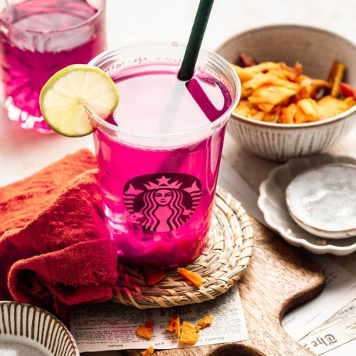 a Starbucks Mango Dragon Fruit Refresher Recipe Next to Small Bowls of Ingredients