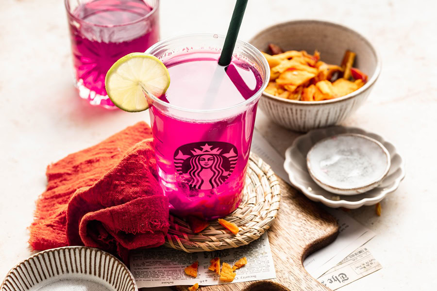 a Starbucks Mango Dragon Fruit Refresher Recipe Next to Small Bowls of Ingredients