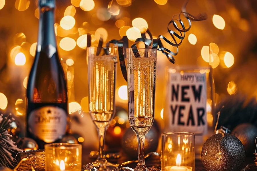 Pitcher Cocktails Close Up of Two Champagne Flutes Next to a Champagne Bottle Surrounded with Confetti and Golden Lights in the Background