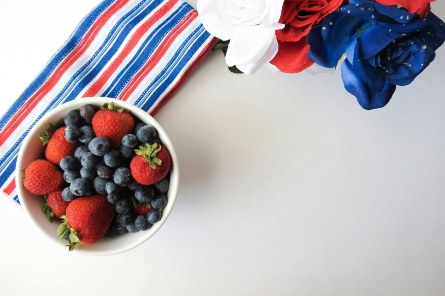 4th of July Cookies a Bowl of Berries on a Red, White and Blue Striped Towel