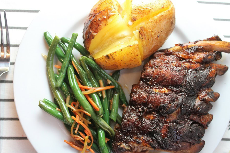 Memorial Day Pool Party Food Ideas Close Up of a Plate of Ribs with Green Beans and a Potato