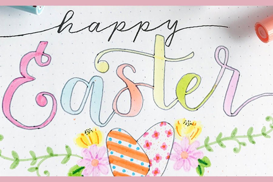 Bullet Journal Easter Doodles to Brighten Your Pages Happy Easter Written on a Page Horizontally with Colorful Eggs Drawn Beneath it