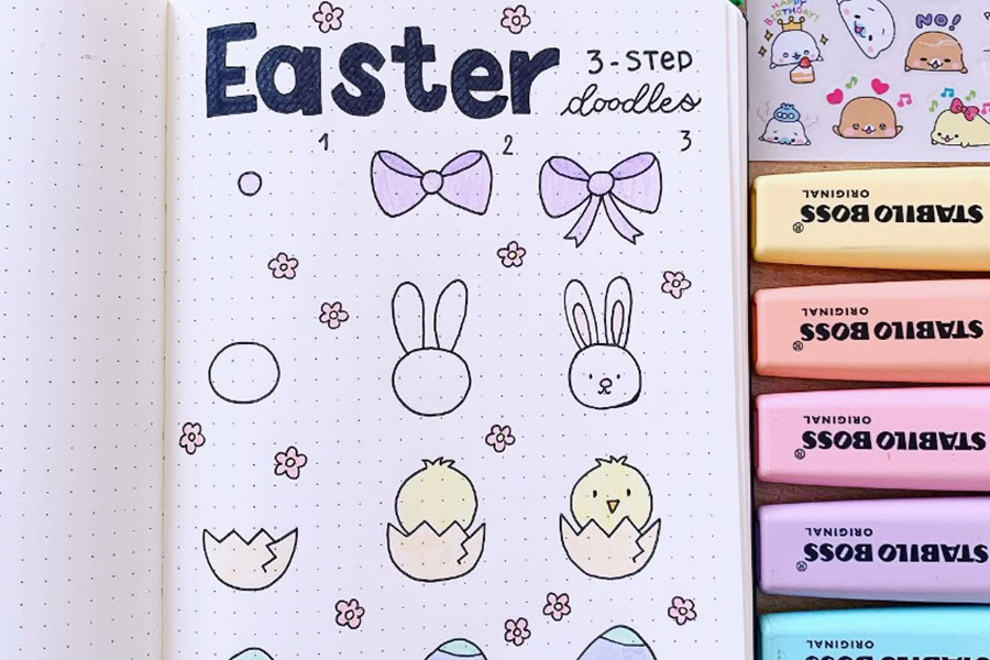Bullet Journal Easter Doodles to Brighten Your Pages Easter Doodle Tutorial on Bullet Paper with Colorful Markers next to it