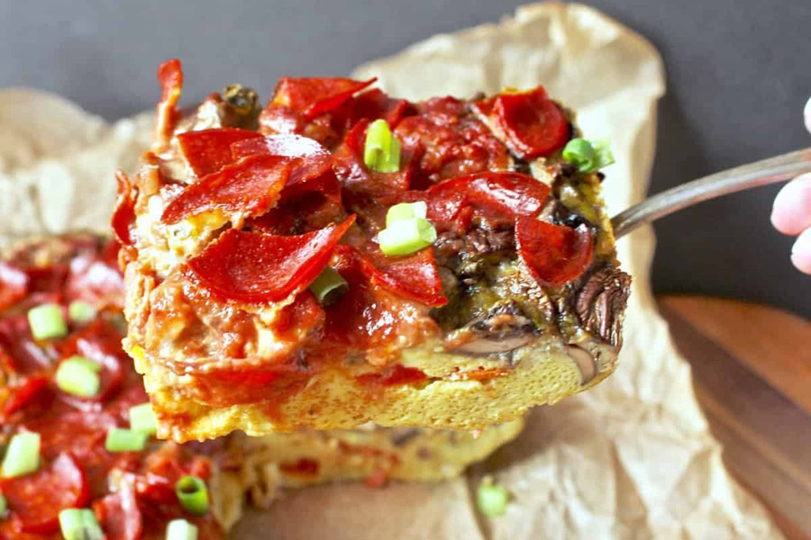 Whole30 Breakfast Recipes Close Up of a Slice of Paleo Breakfast Pizza Quiche