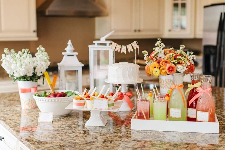 Mother&rsquo;s Day Brunch Decor Ideas Elegant White Serving Platters and Towers Filled with Light Food on a Kitchen Counter
