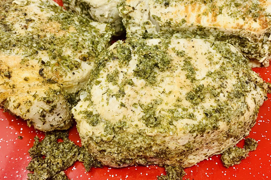 Whole30 Instant Pot Pork Chops Recipe Pork Chops Prepped on a Red Plate