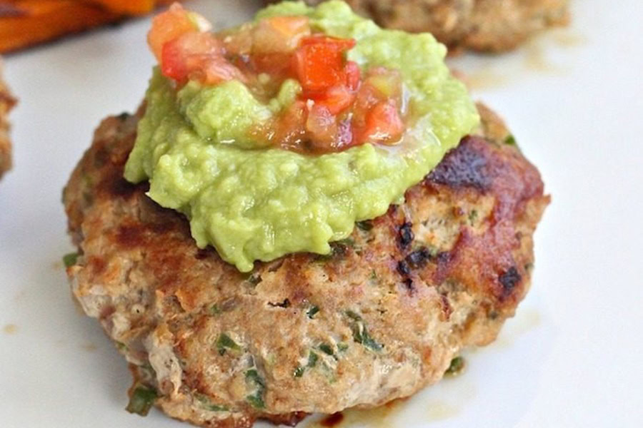 Whole30 Lunch Recipes Close Up of Jalape&ntilde;o Turkey Burgers Topped with Guacamole