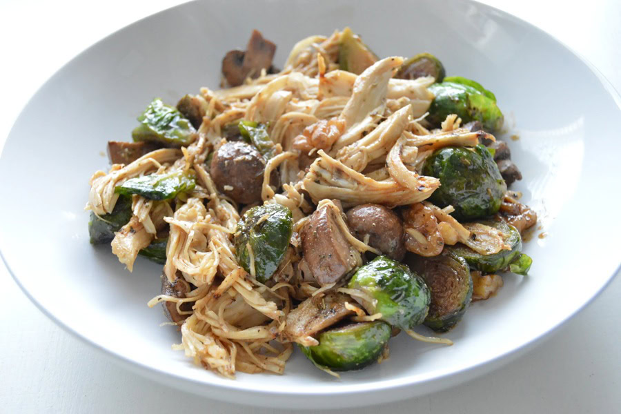Whole30 Lunch Recipes Creamy Balsamic Chicken and Brussels Sprouts in a White Bowl
