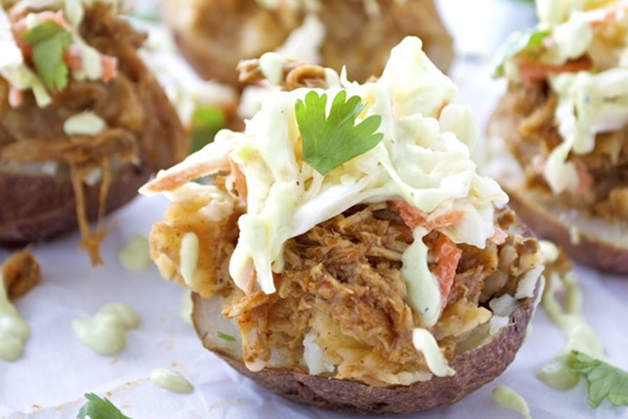 Whole30 Lunch Recipes Baked Potatoes Topped with Pulled Pork and Cole Slaw