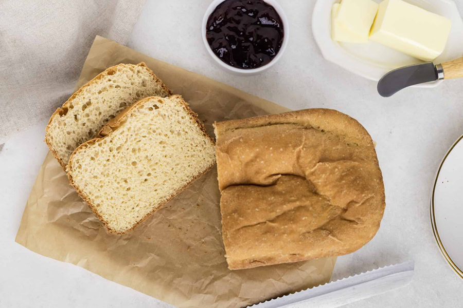 Gluten Free Bread Machine Recipes Gluten Free White Bread with a Small Ramekin of Jam and a Plate of Butter