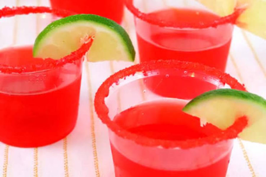 Tequila Jello Shot Recipes Sour Cherry Margarita Jello Shots Garnished with Lime Slices